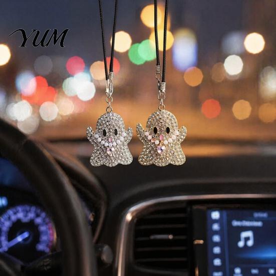 Festive Vehicle Accessories Halloween Ghost Bling Car Hanging Accessories, Faux Crystal Rear Mirror Ornament View Charm, Auto Interior Pendant