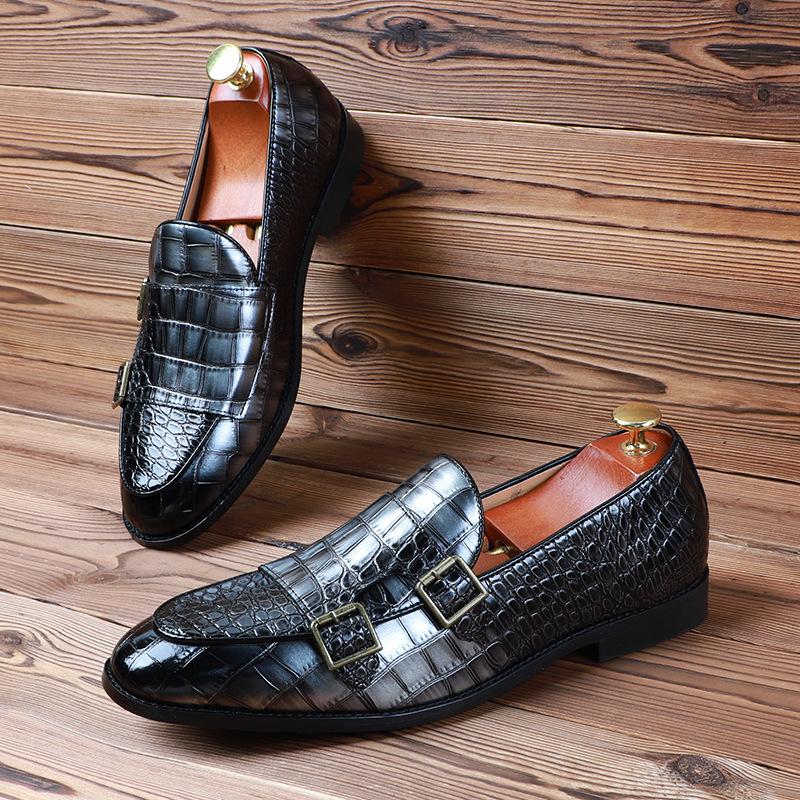 Men's Casual Business Shoes Crocodile Grain Leather Mens Classic Buckle Monk Loafers Moccasins Men Driving Party Wedding Flats