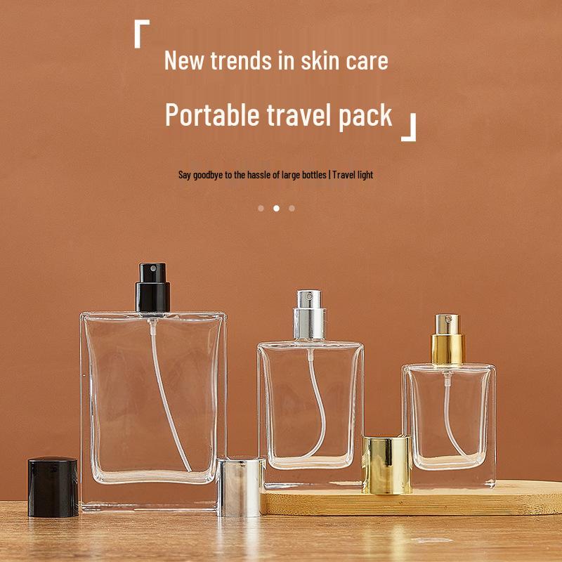Threaded Flat Square Glass Perfume Bottle, 50ml Press Spray & 30ml Portable Refill, Transparent