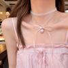 Sweet Girl Pink Bow and Strawberry Pearl Lace Choker Necklace for Women