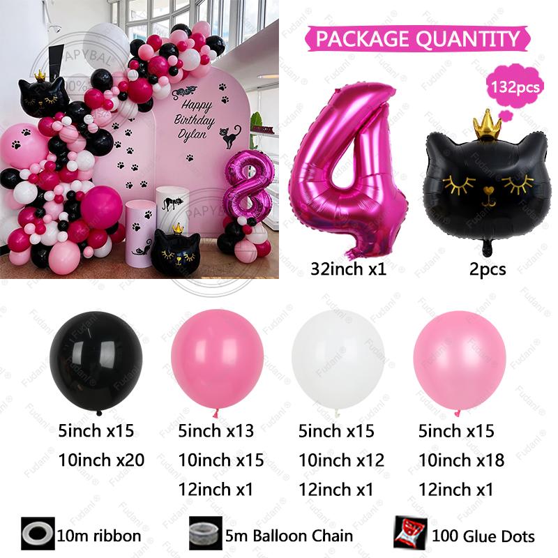 132pcs Black Cat Crown Foil Balloons Arch Kit Happy Birthday Party Decorations 32inch Digit Kids Girl Boy 1-9 Years Old Supplies