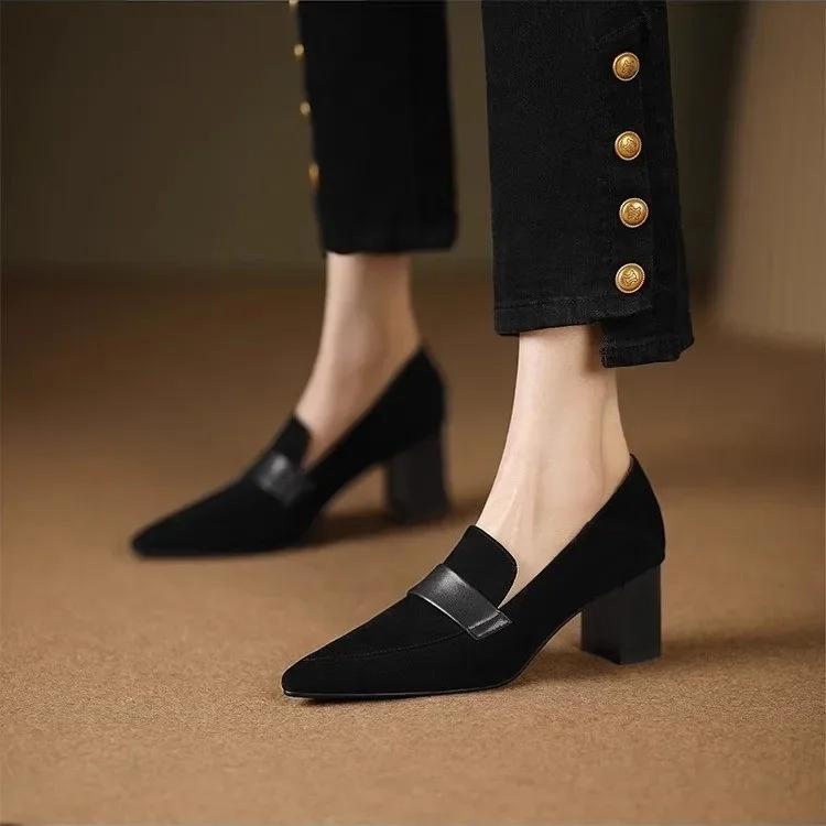Pointed Toe Women Pumps Autumn Thick High Heeled Loafers Suede Black British Retro Slip on Dress Party Heels for Woman Zapatos
