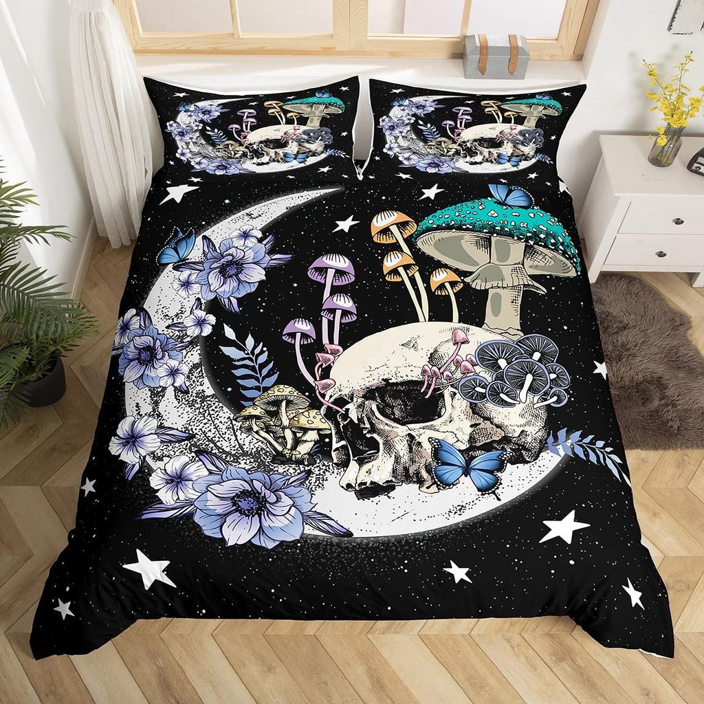 Mushroom And Moon Duvet Cover Sets For Teens Lightweight Quilt Cover With 2 Pillowcase Night Plants Themed Bedding Sets No Quilt