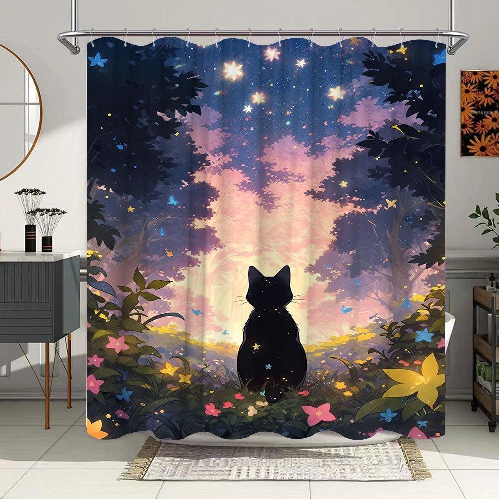 Enchanted Cat in Forest Waterproof Mildew-Resistant Shower Curtain - Magical Design for a Serene Bathroom Décor Experience W90XH180cm