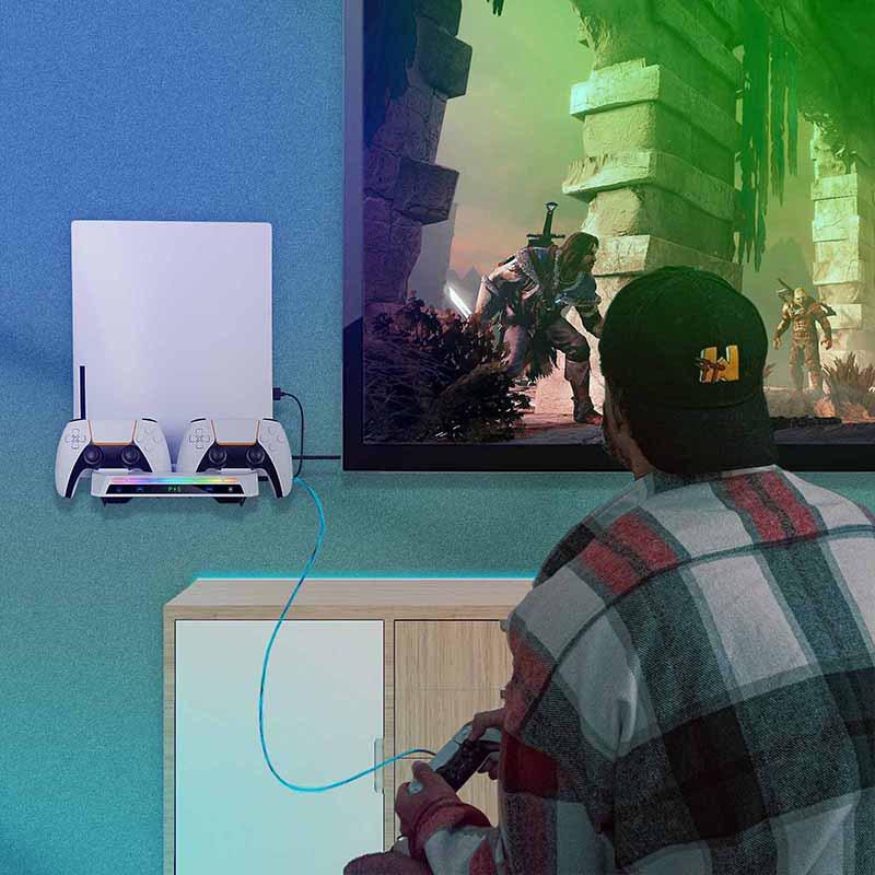 PS5 Wall Mount Kit: Console Bracket, Elite Controller Charger, Headphone Hanger, RGB Lights