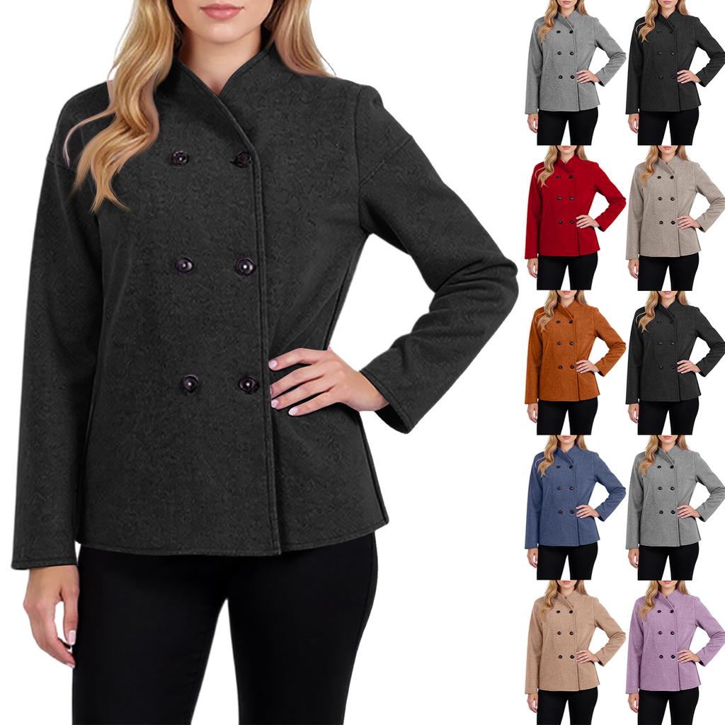 Ladies' Casual Temperament Double Breasted Solid Color V-neck Coat Jacket