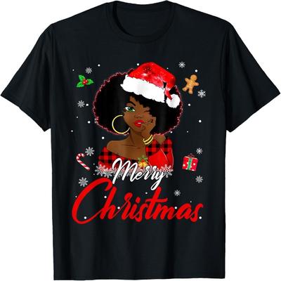 Black African Girl American Melanin Christmas Santa Hat Xmas T-Shirt