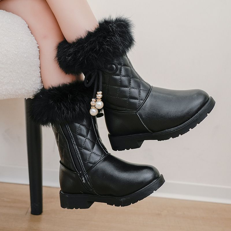 Dívčí módní zateplené princeznovské kozačky zimní dětské kozačky do půli lýtka sněhule