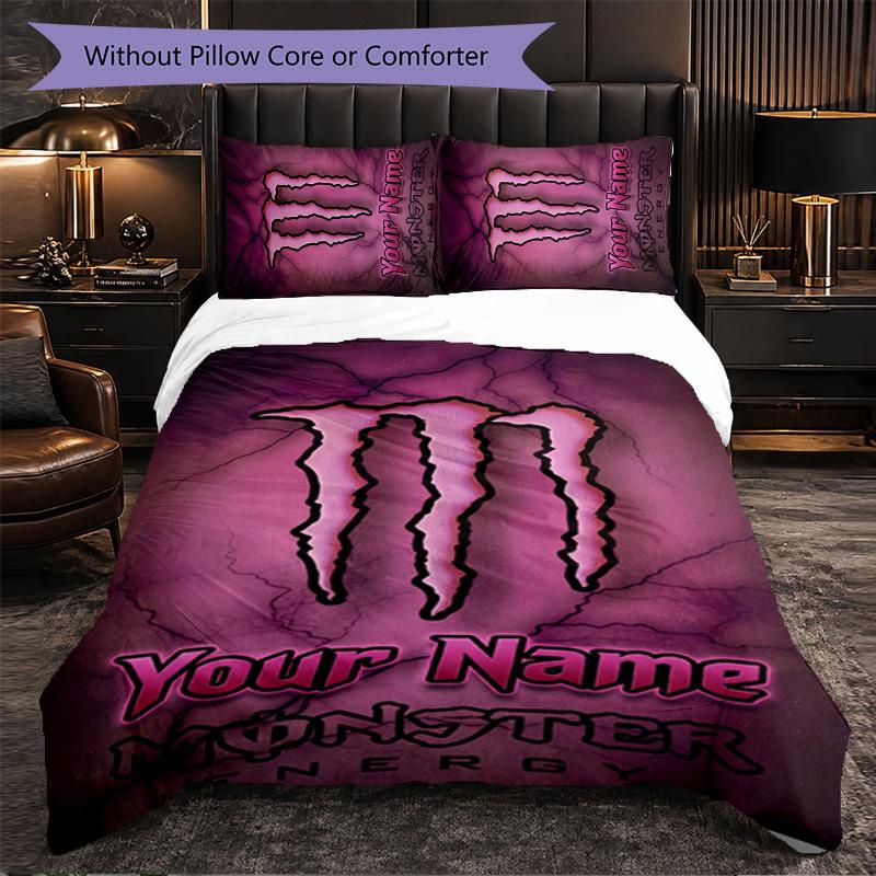 Monster Energy Customized Name Text Bedding Set, 1 Duvet Cover & 2 Pillowcases Personalized Bedroom Gift