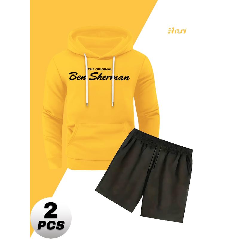 

Men s 2 Piece Polyester Casual Outfit Hooded Sweatshirt and Relaxed Fit Shorts Gym Lounge Outdoor Tracksuit XXL жовтий