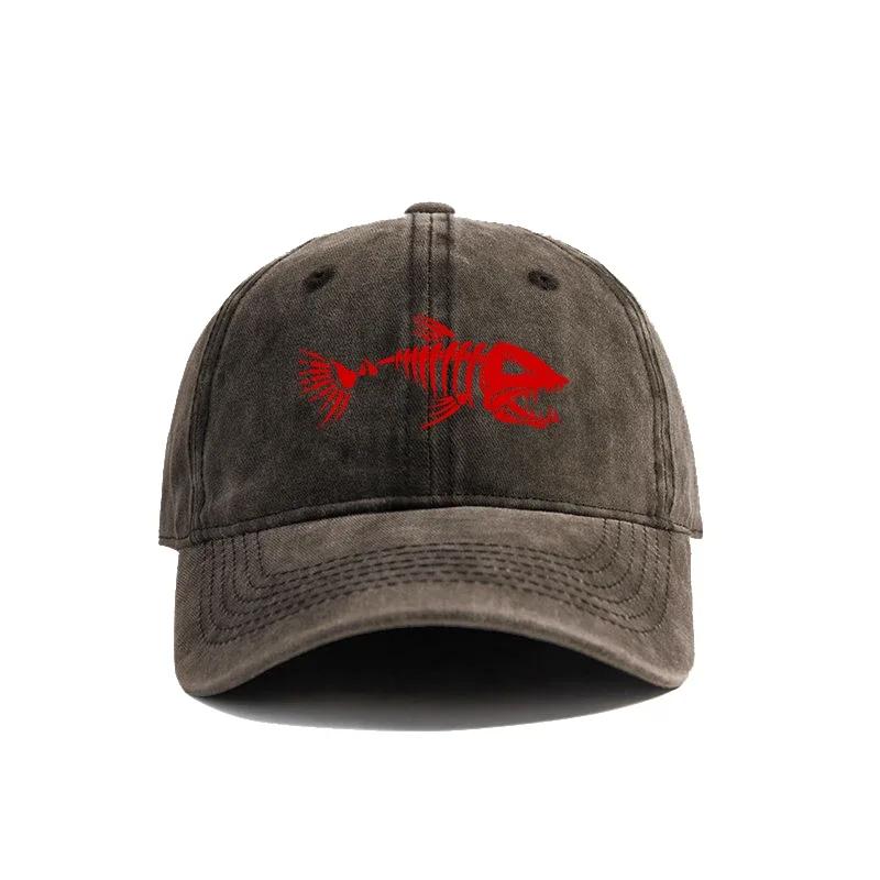 Fishbone Baseball Cap Summer Distressed Dad Hats Men Outdoor Fishing Skeleton Fish Bone Caps