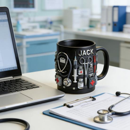 Personalisierte Tasse mit medizinischem Thema ER Jack Ersthelfer 3D Medizinische Werkzeuge Tasse Schwarze Keramik Kaffeetasse für Ärzte Krankenschwestern Praktisches Geschenk Sammlerstück