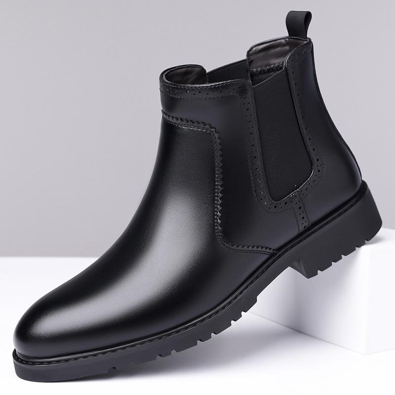 Business Formal Cotton Leather Shoes for Man Autumn Winter Fleece Thickened Warm and Anti-slip High-top Men's Ankle Boots Shoes