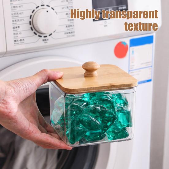 Wäscheperlen Aufbewahrungsbox mit Bambusdeckel Große Öffnung Acrylbehälter Waschpulverperlen Feuchtigkeitsgeschützter Organizer