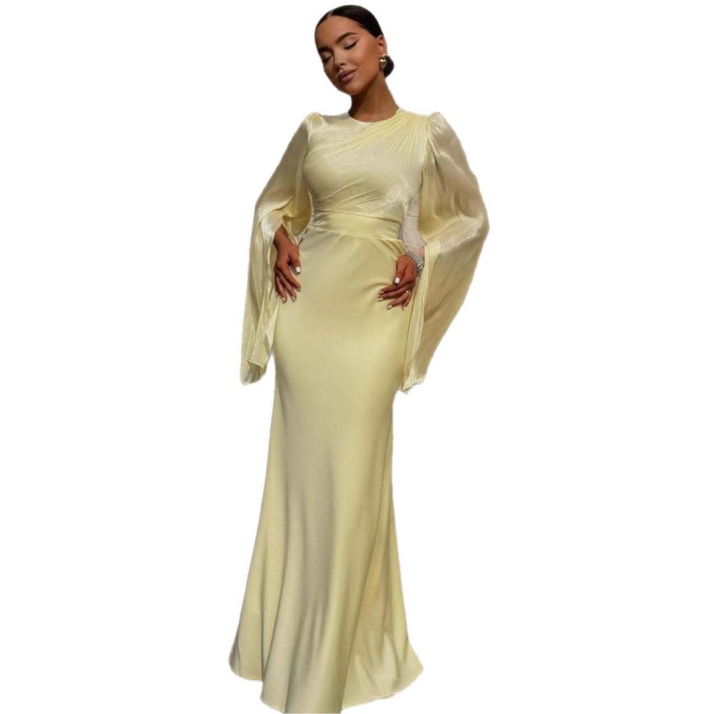 Elegant Slim Fit Satin Dress with Slit - Long Sleeve, Shiny, and Hip-Hugging for Autumn/Winter