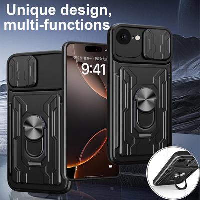 Push Window Card Slot Phone Armor Case For iPhone 16e SE4 20205 Heavy Duty Slide Lens Protector Ring Holder Stand Cover For Apple 16 15 14 13 Pro Max