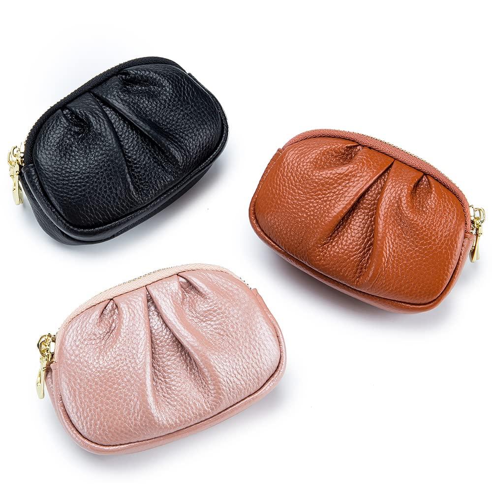 Yocipa Genuine Leather Double Zipper Coin Case, Women's Mini Wallet, Multifunctional Storage Pouch, Small Leather Compact Accessory Pouch,