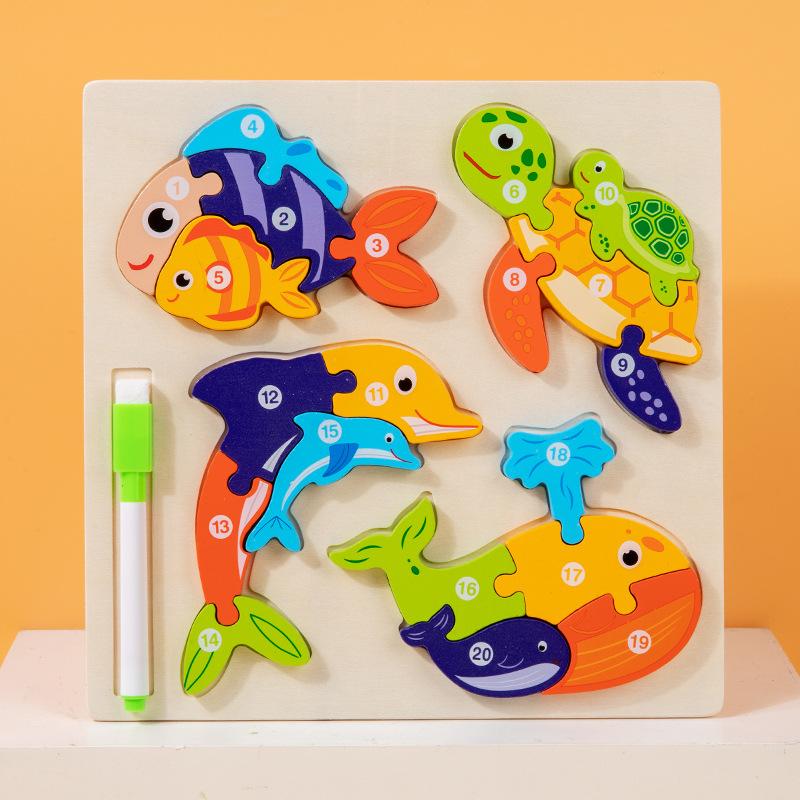 

Children s wooden puzzle early education baby cognitive cartoon intellectual development toy double-sided animal parent-child three-dimensional puzzle