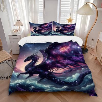 3-teiliges Kosmischer Drache auf Himmelswellen gedrucktes Bettwäsche-Set, Weiche und bequeme Bettbezug für Schlafzimmer, (Kissenkern nicht im Lieferumfang enthalten).J019