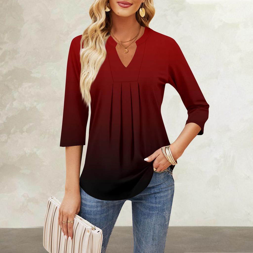 Damen Siebenviertelärmel Tops Lässig V-Ausschnitt Brustrüschen Einfarbig Locker T-Shirt Tops