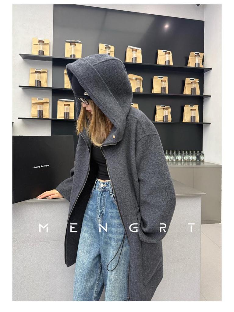 Damen Koreanischer Kaschmirmantel mit Kapuze und Reißverschluss, doppelseitig: Einfarbig, Mittellang, Vielseitig und Verdickt Lockeres Oberbekleidungsstück.