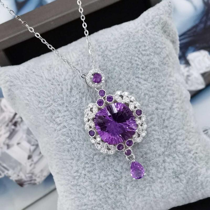 Sace Gems Colier cu pandantiv cu ametist natural de 13 mm din argint S925 pentru petrecere de cocktail de logodna pentru femei. Bijuterii fine