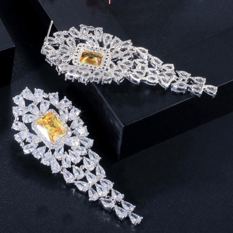 CMM Marke Frauen Partei Schmuck Weiß Gold Farbe Luxus Quadrat Gelb Lange Tropfen Ohrring mit Zirkon