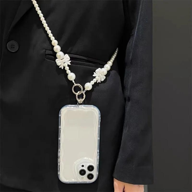 Fashion Pearl Bow Beaded Crossbody Phone Chain, Anti-Drop Long Hand Lanyard, Stylish Shoulder Strap for Women & Girls