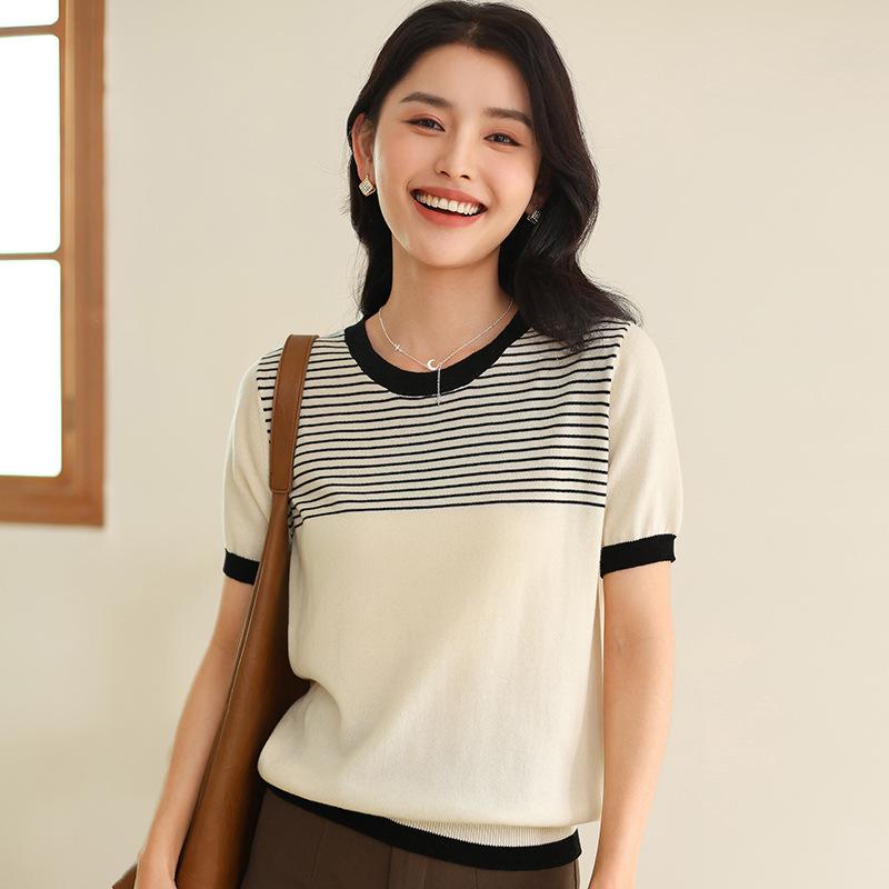 

Женская летняя модная универсальная футболка из чистого хлопка с контрастными полосками, вязаная, с короткими рукавами, удобный топ с круглым вырезом и рукавами до локтя XXL