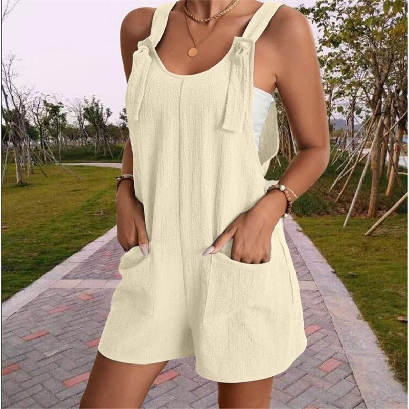 European And American Women's Summer Casual Solid Color Suspender Shorts One-piece Pants Adjustable Large Size Overalls Cool And Comfortable