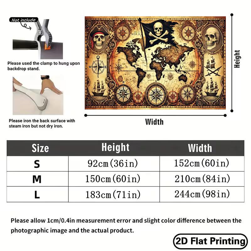 Vintage Pirate World Map Tapestry - Skull & Compass Wall Hanging Decor