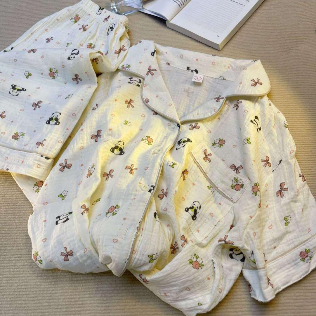 

New bow panda pajamas women s summer short-sleeved shorts cardigan two-piece set soft cute princess style loungewear XXL