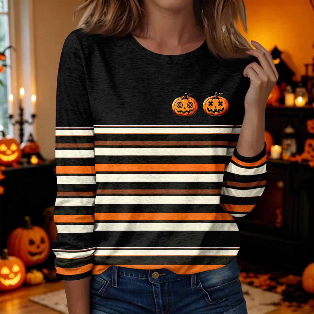Women's Casual Long Sleeve Halloween Print Neck T-Shirt