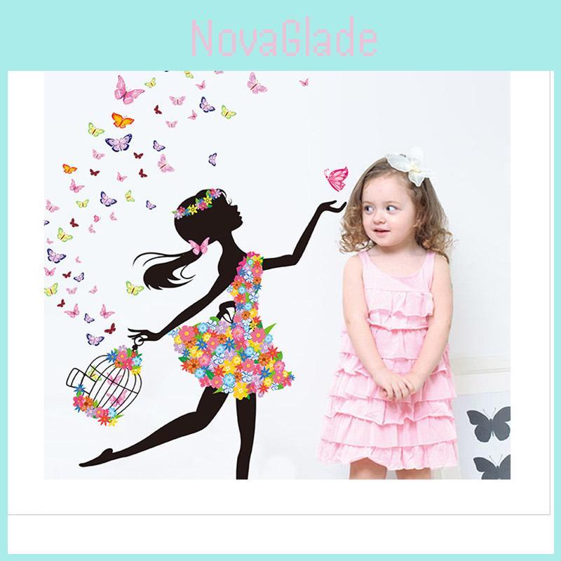 Adorable Pvc Girl Art Wall Stickers For Kids Rooms With Butterfly And Flower Patterns