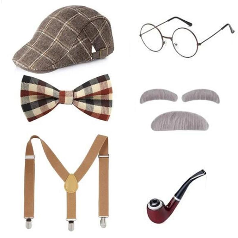 Old Man Costume Set, Grandpa Costume Accessories Including  Fake Beard Eyebrows Hat Eyeglasses for Kid Halloween Cosplay