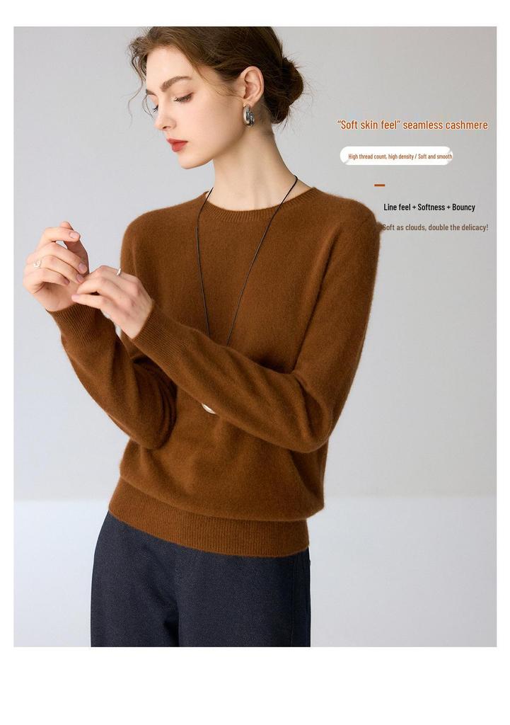Women's 100% Pure Cashmere Round Neck Slim Fit Sweater - Long Sleeve Knit Base Layer for Autumn/Winter
