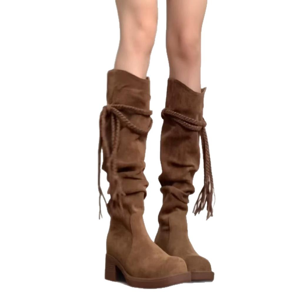 Sheepskin version~ Wasteland wind fat mm long boots women's autumn western knight boots stacking boots big tube circumference summer Xinjiang boots