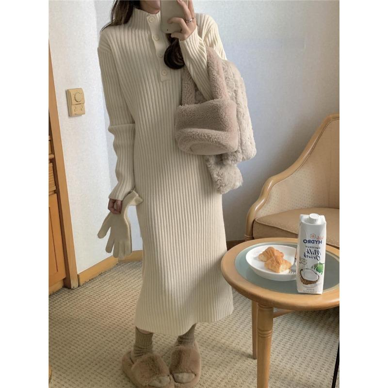 Retro loose and thin knitted dress for women's autumn and winter new medium and long inner sweater skirt trendy