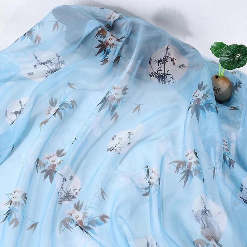 Hedvábný šátek dekorativní 30D Tištěný šifon Inkoustová malba Čínský styl Látka Starobylý kostým Hanfu Sukně Gáza Gázová oděvní látka
