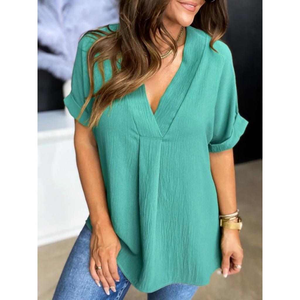 Women V Neck Short Sleeve Blouse Relaxed Fit Lightweight Summer Top Casual Loose Fit Shirt for Daily Wear Office and Travel