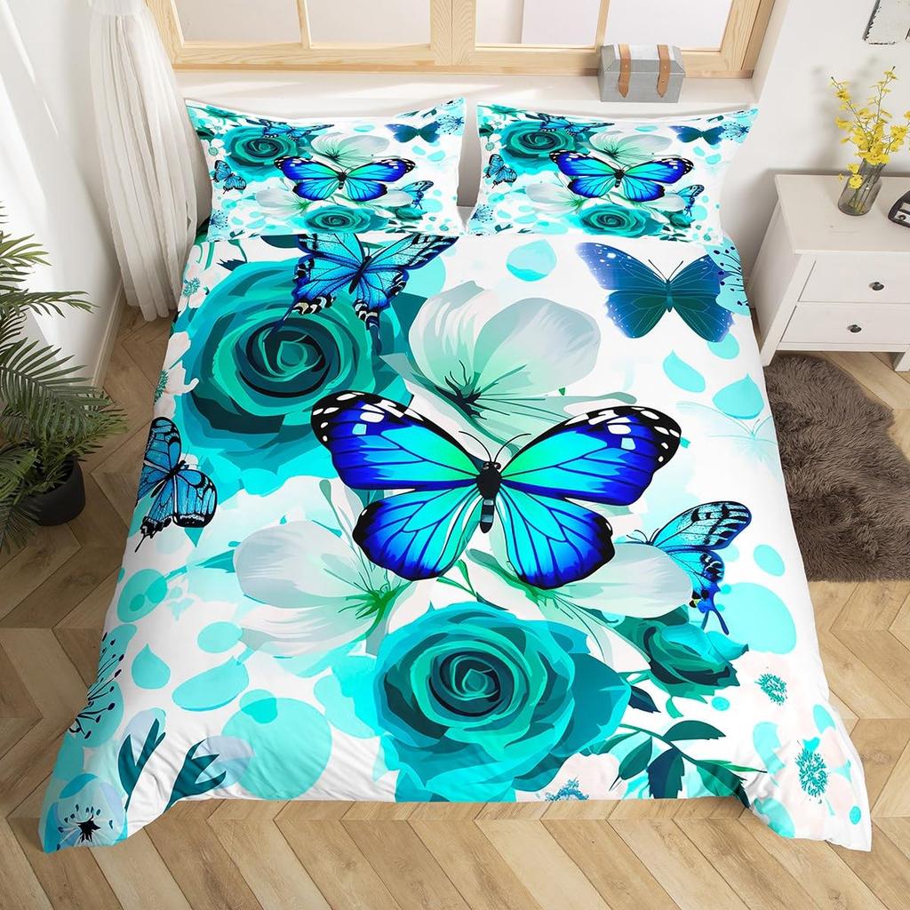 Butterfly Bedding Set Twin Queen Rustic Butterflies Duvet Cover,Watercolor Comforter Cover Romantic Quilt Cover for Girls Woman