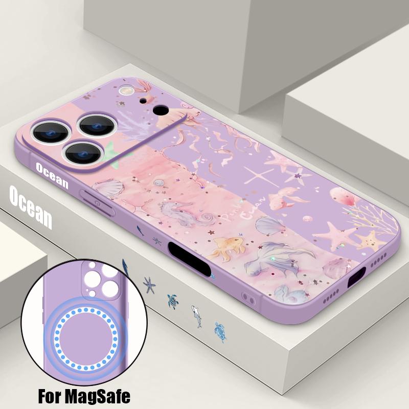 Magnetic For Magsafe Case For iPhone 17 Pro Max Fantasy Ocean Line Whale Print Soft Silicone Phone Back Cover For iPhone 16 15 14 13 Pro Max 16e 17e