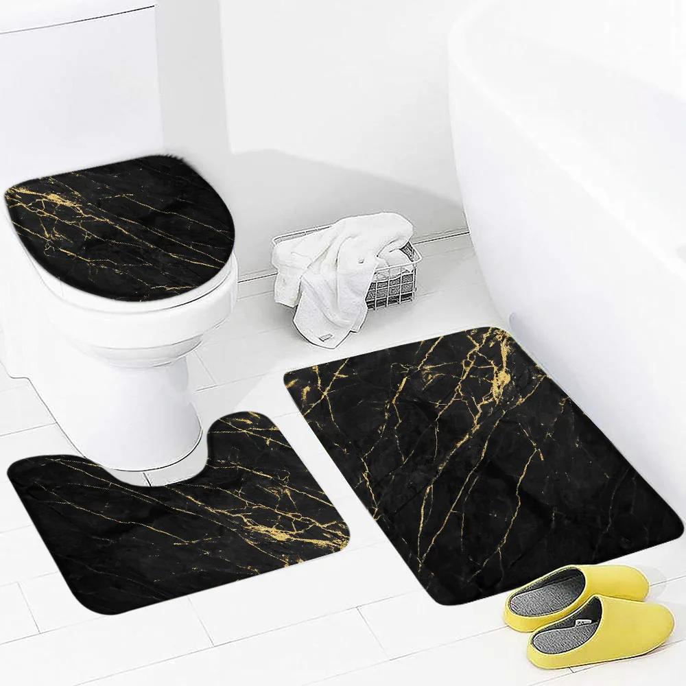 Black Marble Shower Curtain Set White Lines Cracked Pattern Modern Geometric Bathroom Decor Non-Slip Rug Bath Mats Toilet Cover