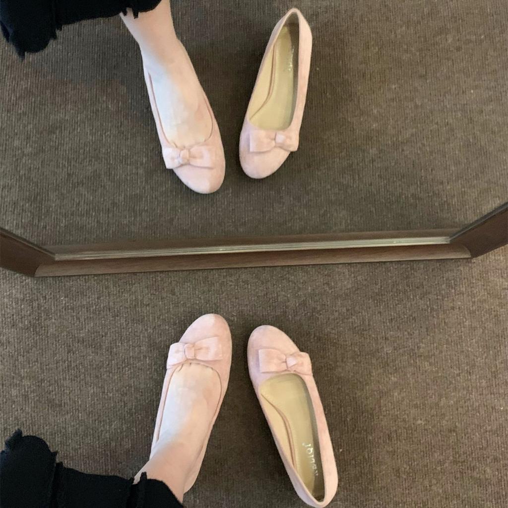 French medium and high heel pink suede single shoes women's shoes 2025 new spring and autumn bow with skirt evening shoes
