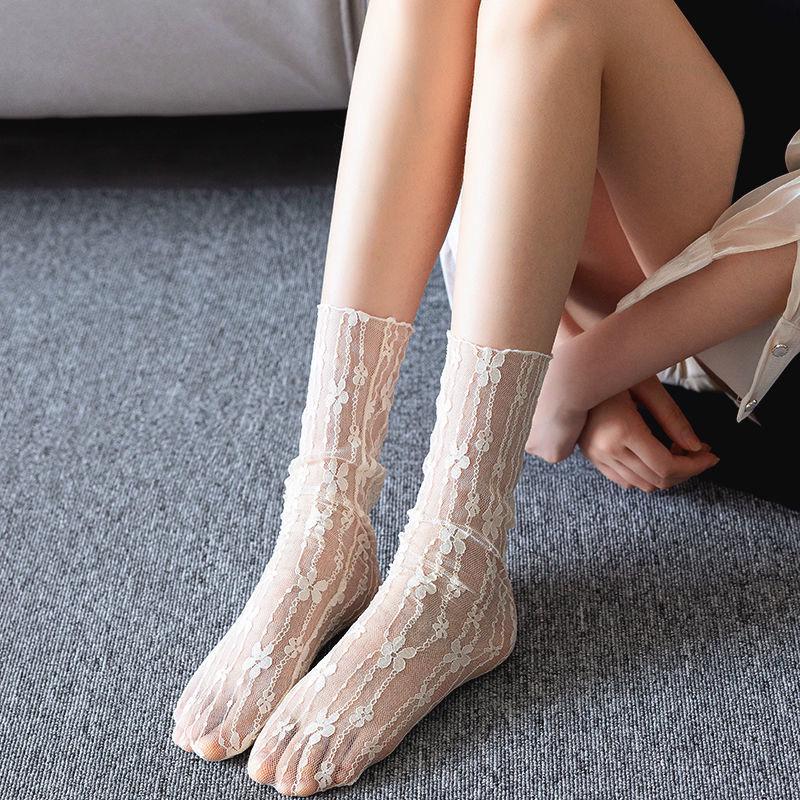 Women's White Lace Scrunch Mid-Calf Summer Socks - Mesh, JK Style, Ideal for Mary Jane Shoes