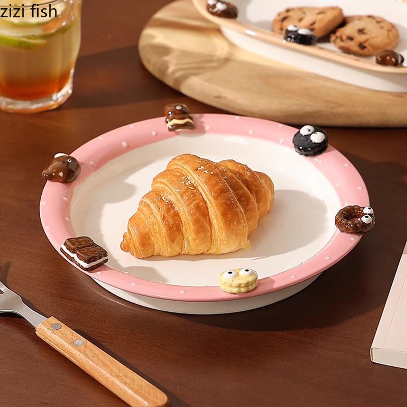 Relief Biscuit Dessert Plate Dim Sum Dish Ceramic Hand-painted Underglaze Color Bread Dish Salad Fruit Dish Ceramic Dining Plate