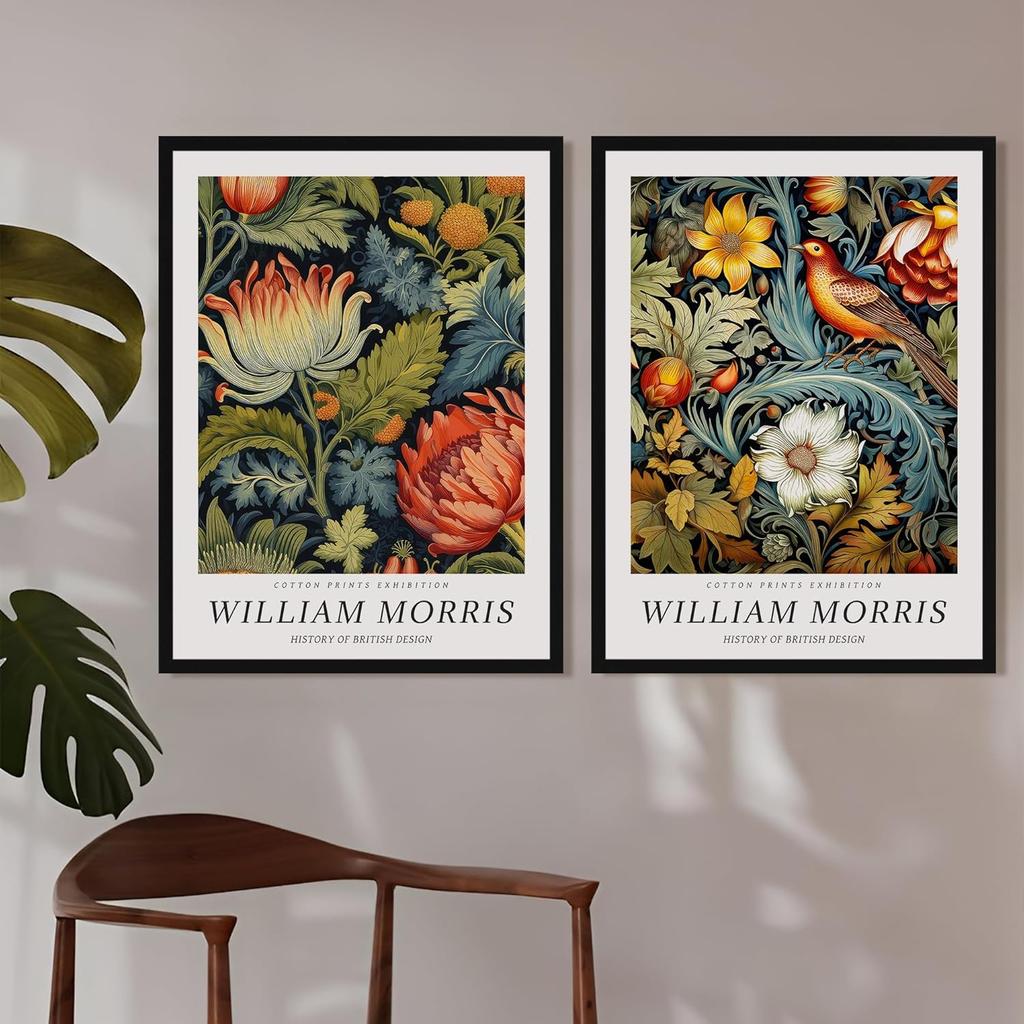 Framed William Morris Wall Art Set of 2 Vintage Botanical Birds Posters William Morris Exhibition Print for Dining Room Office Bedroom 12x16in