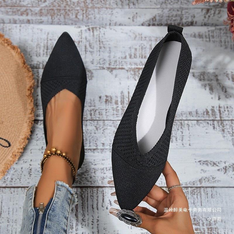 Large-sized Pointed-toe Flat-bottomed Shallow-mouthed Single-shoe Women's Casual Fly-knit Breathable All-season Work Shoes