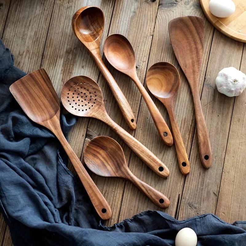 6/7/8Pcs Wooden Spatula Long Handle Rice Spoon Wooden Soup Spoon Spatula Cooking Spoons Kitchen Accessories House Kitchenware
