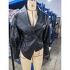 Women Black Faux Leather Jacket Wide Lapel Lantern Sleeve Slim Fit